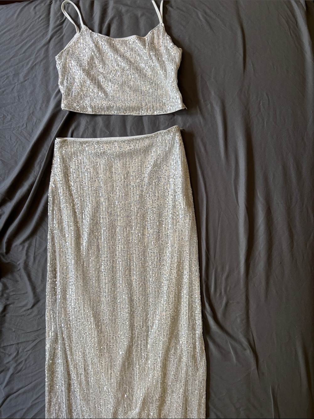 White with Silver Sequin Maxi Skirt and Top Set - Elegant Women's Evening Skirt